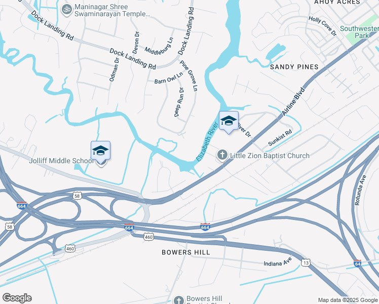 map of restaurants, bars, coffee shops, grocery stores, and more near 3800 Pine Grove Circle in Chesapeake