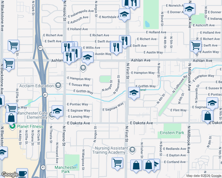 map of restaurants, bars, coffee shops, grocery stores, and more near 4024 North Angus Street in Fresno