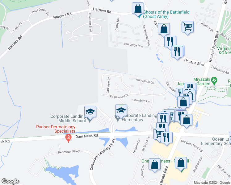 map of restaurants, bars, coffee shops, grocery stores, and more near 1321 Petrell Drive in Virginia Beach