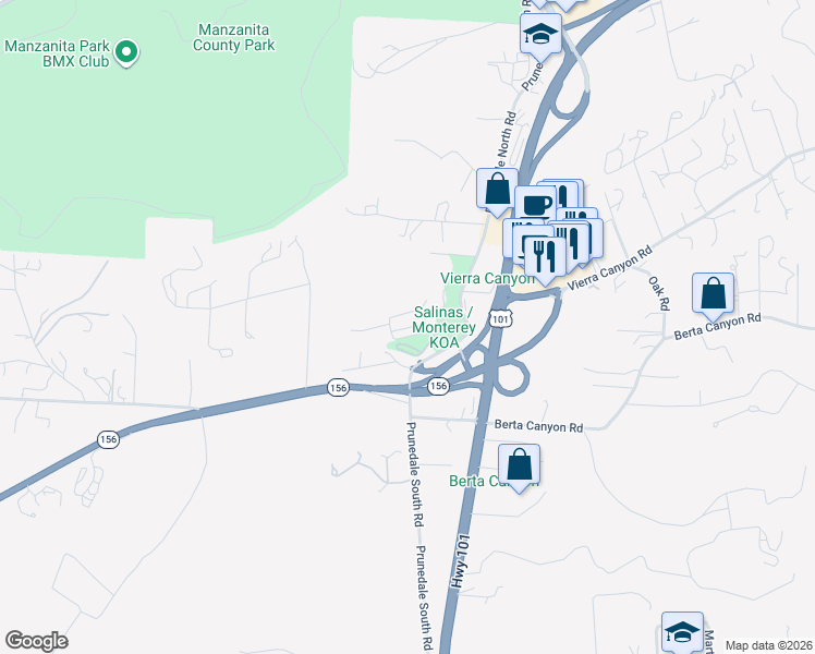 map of restaurants, bars, coffee shops, grocery stores, and more near 30 Meridian Spur in Salinas