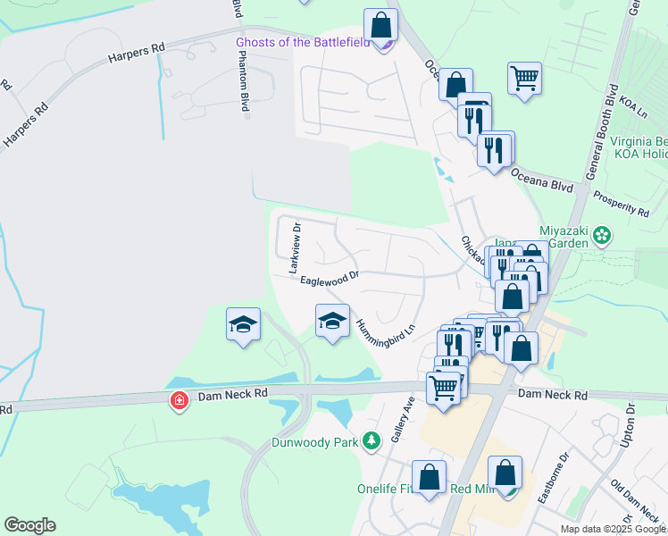 map of restaurants, bars, coffee shops, grocery stores, and more near 1284 Eaglewood Drive in Virginia Beach