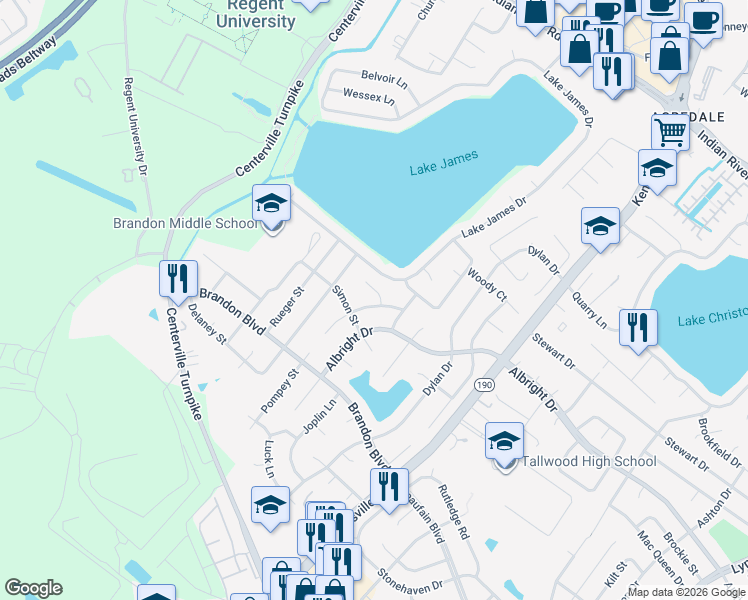 map of restaurants, bars, coffee shops, grocery stores, and more near 5713 Hendrix Drive in Virginia Beach