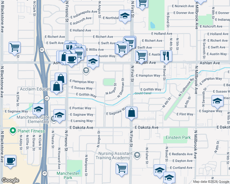 map of restaurants, bars, coffee shops, grocery stores, and more near 4024 North Angus Street in Fresno