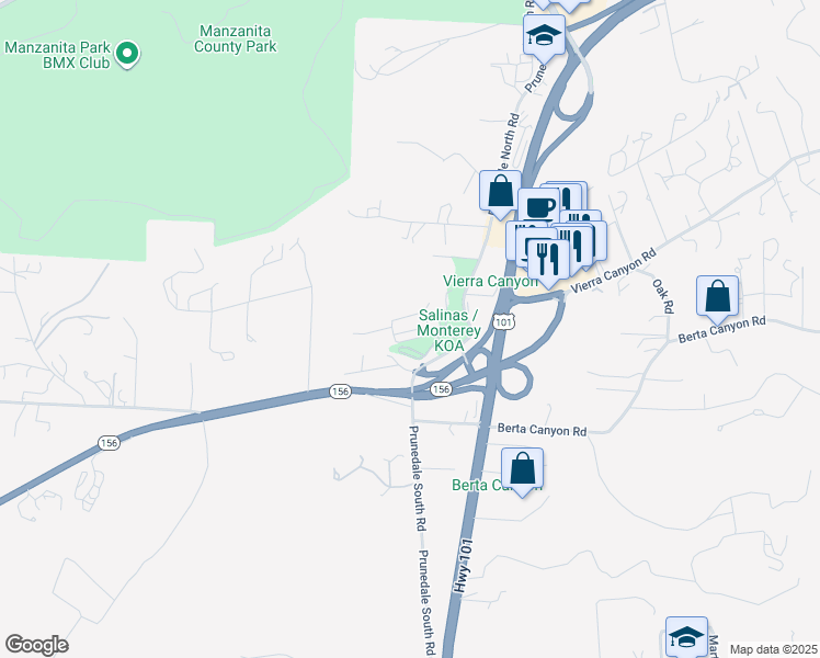 map of restaurants, bars, coffee shops, grocery stores, and more near 30 Meridian Spur in Salinas