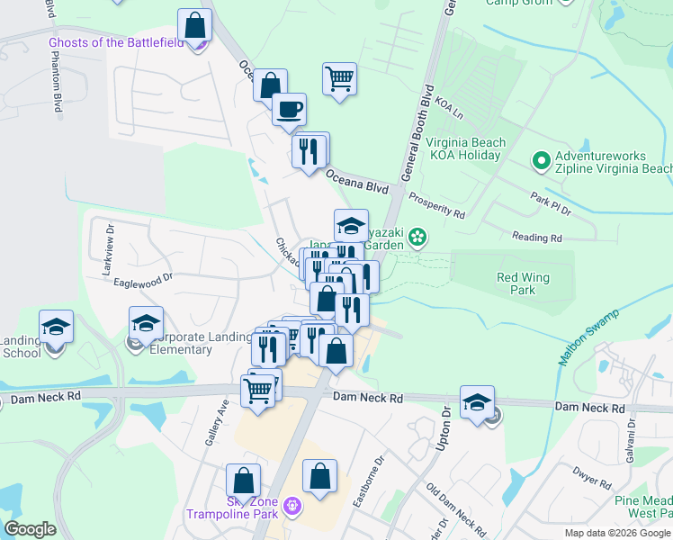 map of restaurants, bars, coffee shops, grocery stores, and more near 1313 Chickadee Lane in Virginia Beach