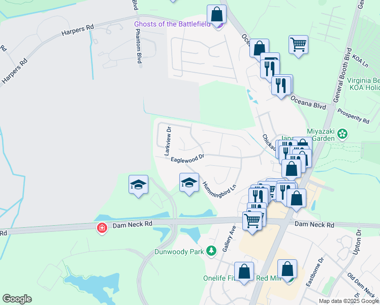 map of restaurants, bars, coffee shops, grocery stores, and more near 1284 Eaglewood Drive in Virginia Beach