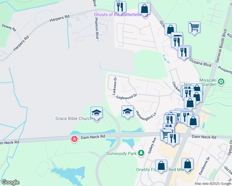 map of restaurants, bars, coffee shops, grocery stores, and more near 1300 Eaglewood Drive in Virginia Beach