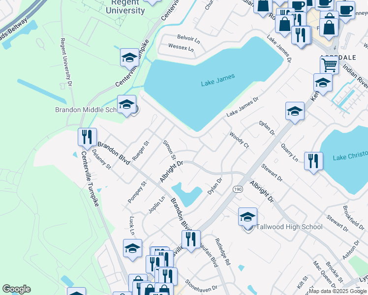 map of restaurants, bars, coffee shops, grocery stores, and more near 5713 Hendrix Drive in Virginia Beach