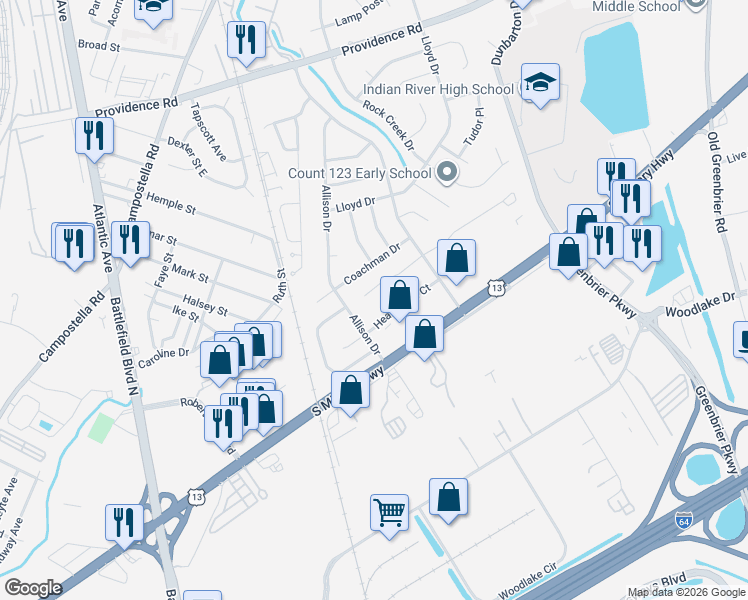 map of restaurants, bars, coffee shops, grocery stores, and more near 1728 Hearthside Court in Chesapeake