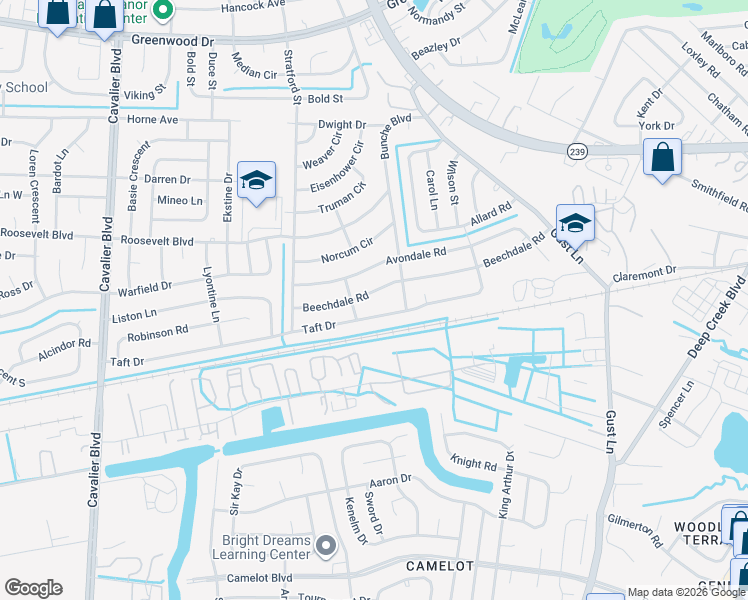 map of restaurants, bars, coffee shops, grocery stores, and more near 404 Taft Drive in Portsmouth