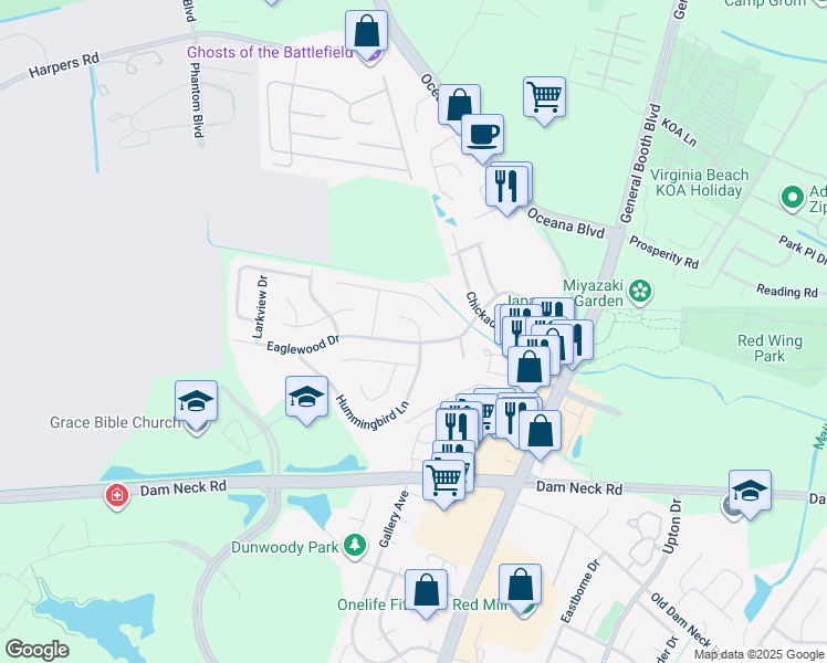 map of restaurants, bars, coffee shops, grocery stores, and more near 1415 Kara Court in Virginia Beach