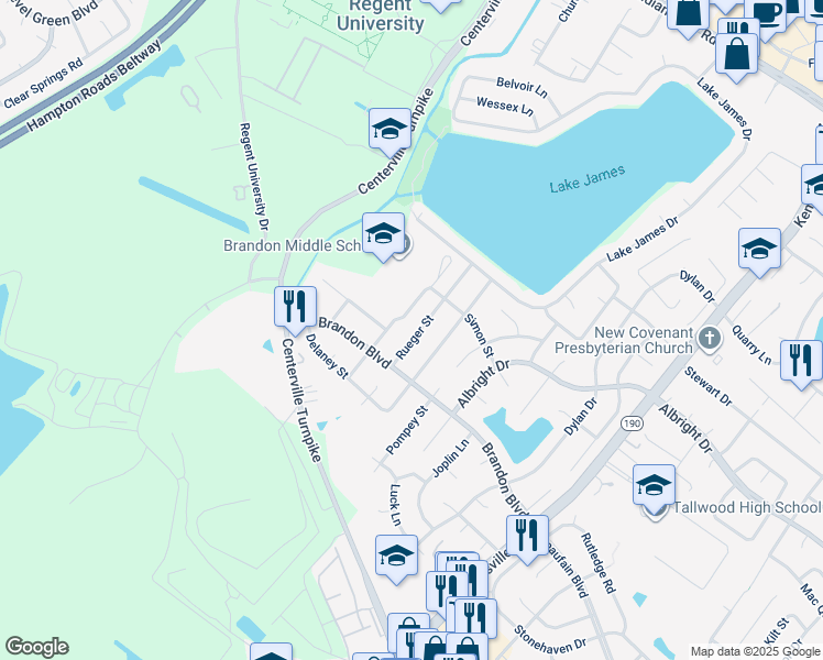 map of restaurants, bars, coffee shops, grocery stores, and more near 1721 Delaney Street in Virginia Beach