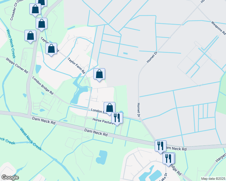map of restaurants, bars, coffee shops, grocery stores, and more near 2553 Aviator Drive in Virginia Beach