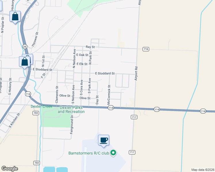 map of restaurants, bars, coffee shops, grocery stores, and more near 121 McCormick Street in Dexter