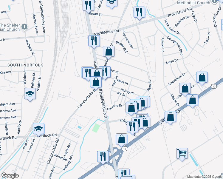 map of restaurants, bars, coffee shops, grocery stores, and more near 155 Faye Street in Chesapeake