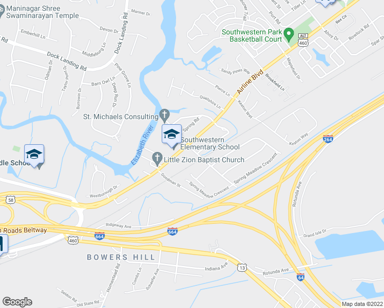 map of restaurants, bars, coffee shops, grocery stores, and more near 1344 Sunnybrook Terrace in Chesapeake