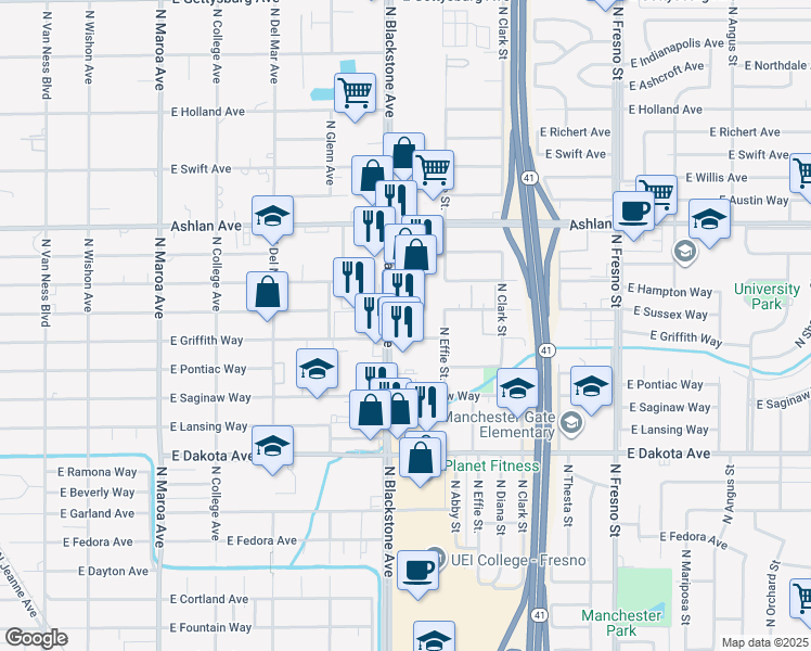 map of restaurants, bars, coffee shops, grocery stores, and more near 3966 North Blackstone Avenue in Fresno