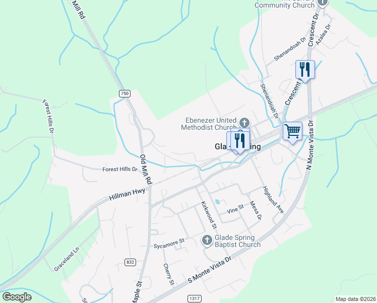 map of restaurants, bars, coffee shops, grocery stores, and more near 228 Boxwood in Glade Spring