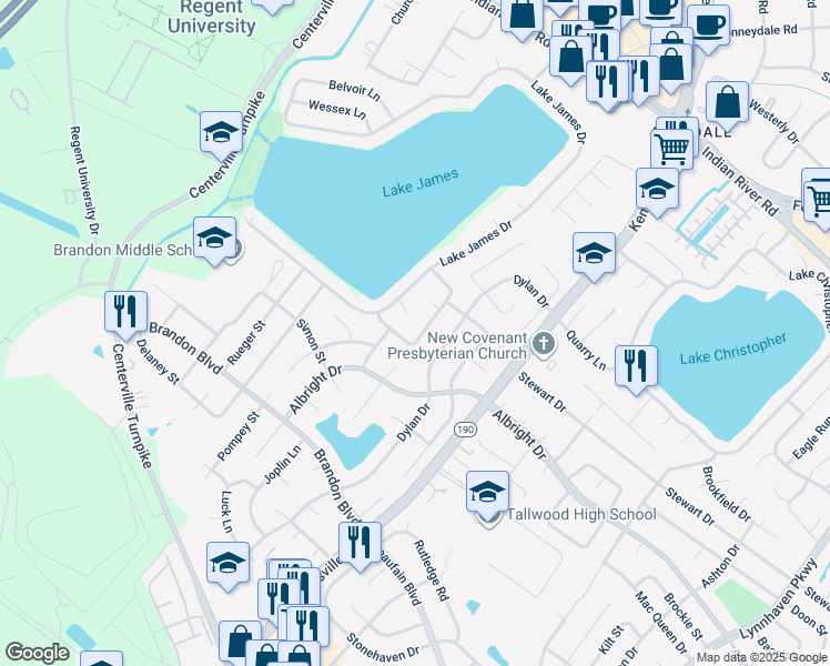 map of restaurants, bars, coffee shops, grocery stores, and more near 5445 Wallingford Arch in Virginia Beach