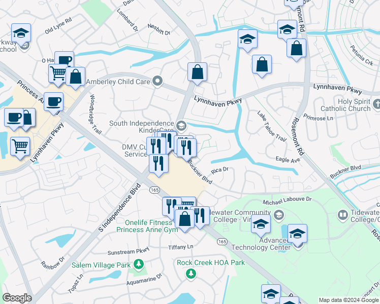 map of restaurants, bars, coffee shops, grocery stores, and more near 3516 Irvington Court in Virginia Beach