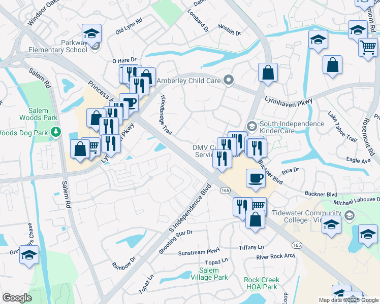 map of restaurants, bars, coffee shops, grocery stores, and more near 1613 Dominion Court in Virginia Beach