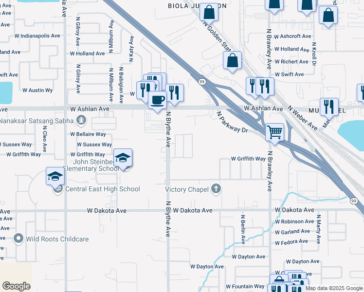 map of restaurants, bars, coffee shops, grocery stores, and more near 3626 North Blythe Avenue in Fresno