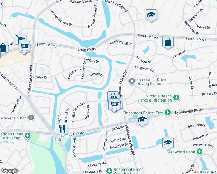 map of restaurants, bars, coffee shops, grocery stores, and more near 1443 Sangaree Circle in Virginia Beach