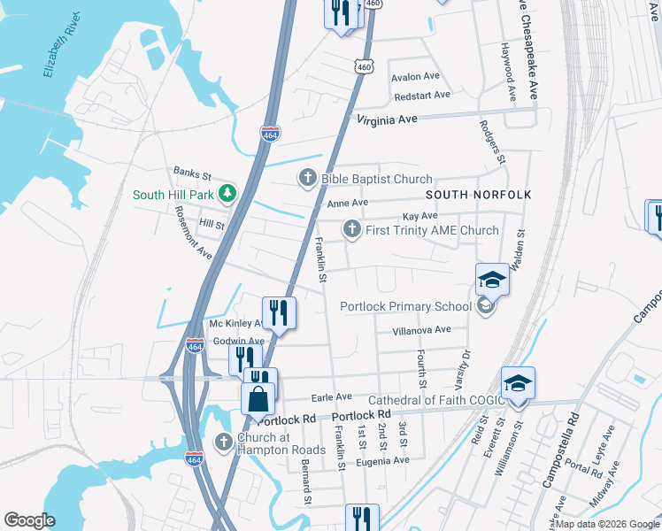 map of restaurants, bars, coffee shops, grocery stores, and more near 1205 Country Road in Chesapeake