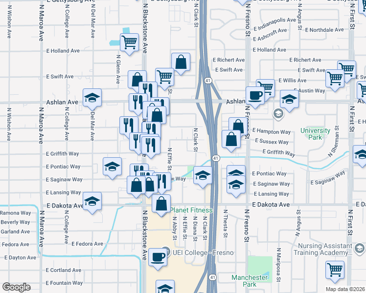 map of restaurants, bars, coffee shops, grocery stores, and more near 1950 East Sussex Way in Fresno