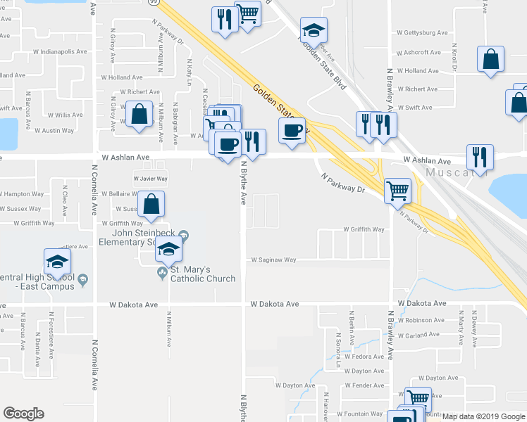 map of restaurants, bars, coffee shops, grocery stores, and more near 3626 North Blythe Avenue in Fresno