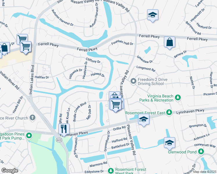 map of restaurants, bars, coffee shops, grocery stores, and more near 1452 Sangaree Circle in Virginia Beach