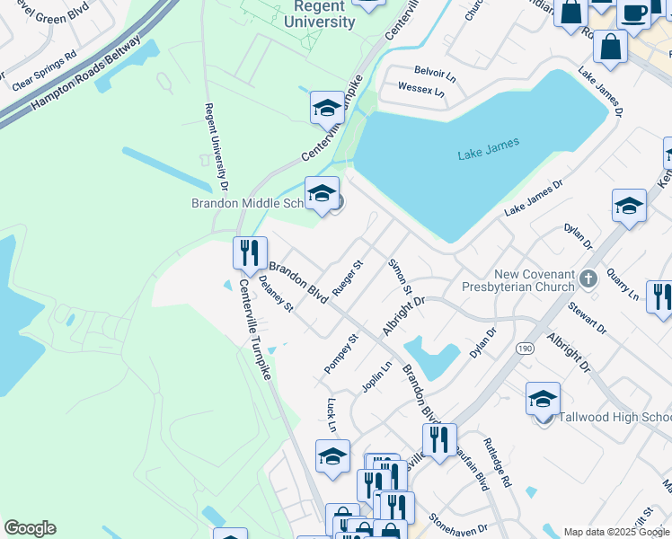 map of restaurants, bars, coffee shops, grocery stores, and more near 1734 Pope Street in Virginia Beach