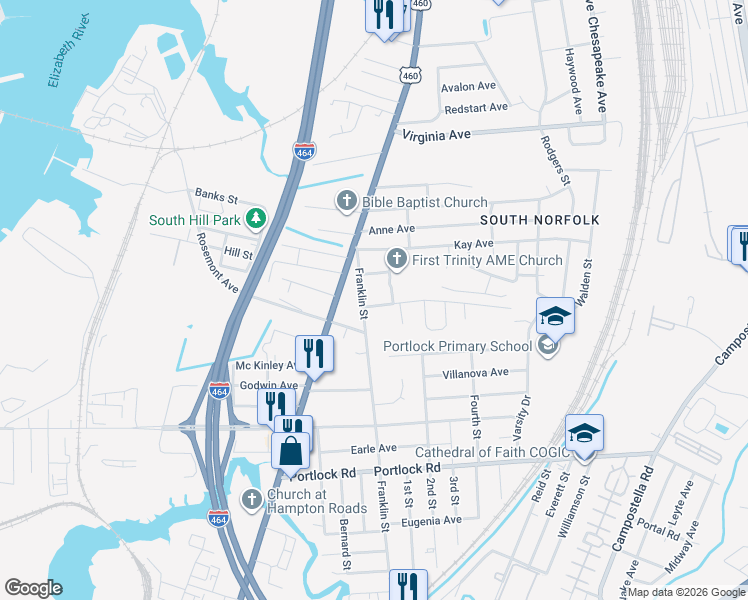 map of restaurants, bars, coffee shops, grocery stores, and more near 1205 Country Road in Chesapeake