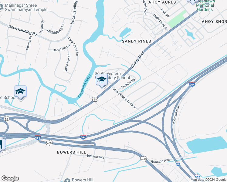 map of restaurants, bars, coffee shops, grocery stores, and more near 1344 Sunnybrook Terrace in Chesapeake