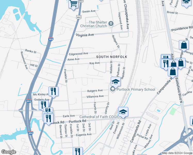map of restaurants, bars, coffee shops, grocery stores, and more near 1227 Bell Tower Arch in Chesapeake