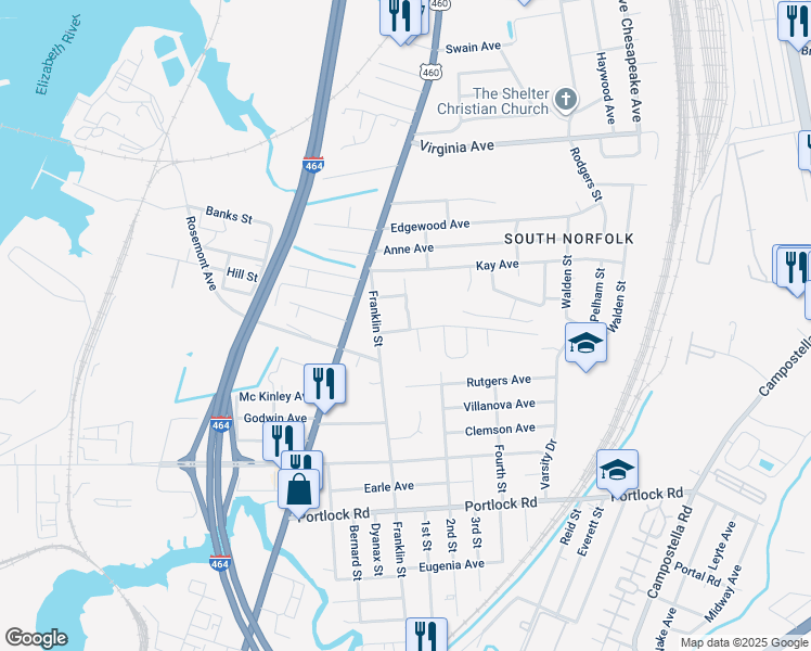 map of restaurants, bars, coffee shops, grocery stores, and more near 1215 Country Road in Chesapeake