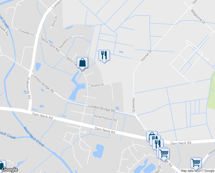 map of restaurants, bars, coffee shops, grocery stores, and more near 2553 Aviator Drive in Virginia Beach