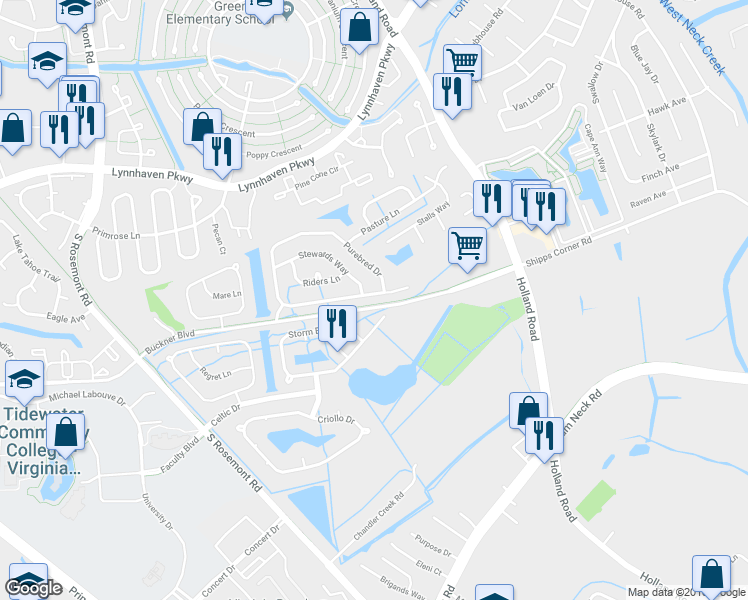 map of restaurants, bars, coffee shops, grocery stores, and more near 3541 Purebred Drive in Virginia Beach