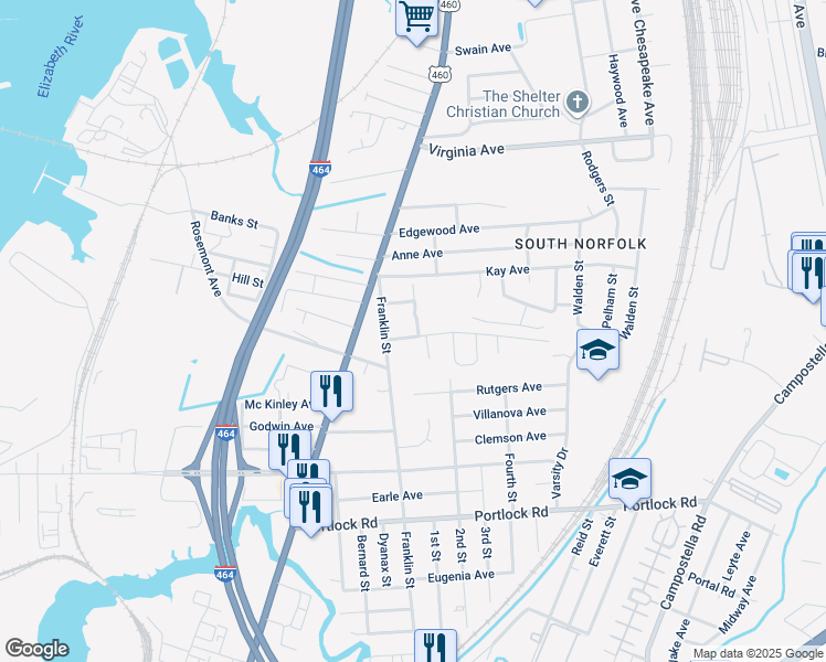 map of restaurants, bars, coffee shops, grocery stores, and more near 1215 Country Road in Chesapeake