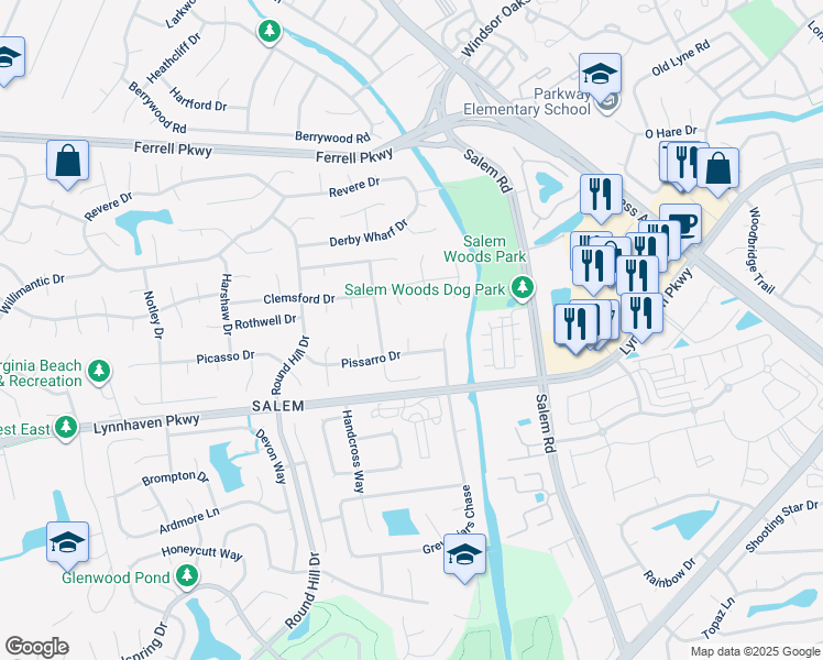 map of restaurants, bars, coffee shops, grocery stores, and more near 1400 Latuque Circle in Virginia Beach