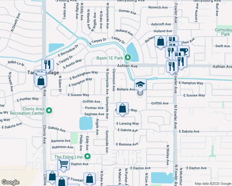 map of restaurants, bars, coffee shops, grocery stores, and more near 3394 Claremont Avenue in Clovis