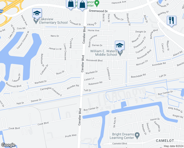map of restaurants, bars, coffee shops, grocery stores, and more near 1007 Warfield Drive in Portsmouth