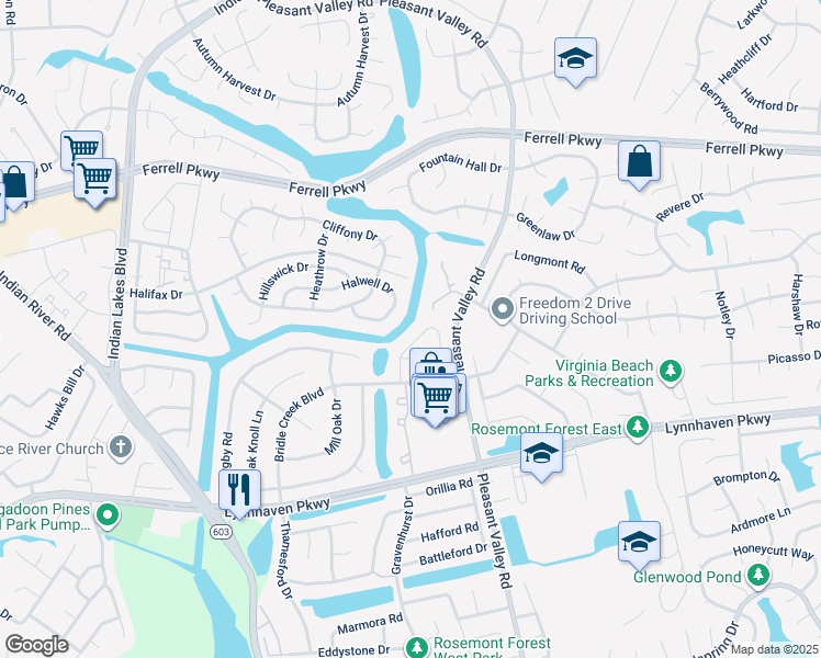 map of restaurants, bars, coffee shops, grocery stores, and more near 1443 Sangaree Circle in Virginia Beach