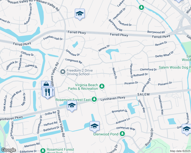 map of restaurants, bars, coffee shops, grocery stores, and more near 1605 Margin Court in Virginia Beach