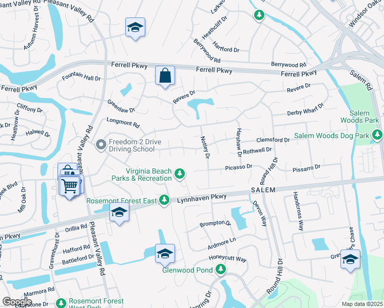 map of restaurants, bars, coffee shops, grocery stores, and more near 1605 Boxford Court in Virginia Beach