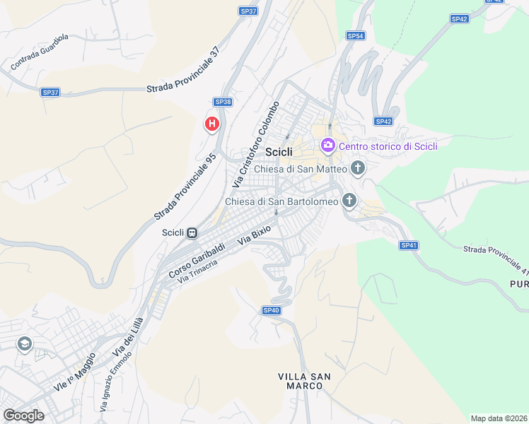 map of restaurants, bars, coffee shops, grocery stores, and more near Via Tommaso Campanella in Scicli