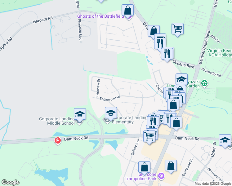 map of restaurants, bars, coffee shops, grocery stores, and more near 1303 Petrell Drive in Virginia Beach