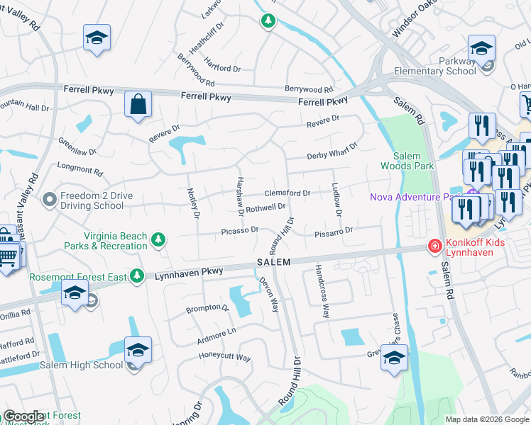 map of restaurants, bars, coffee shops, grocery stores, and more near 4524 Picasso Drive in Virginia Beach