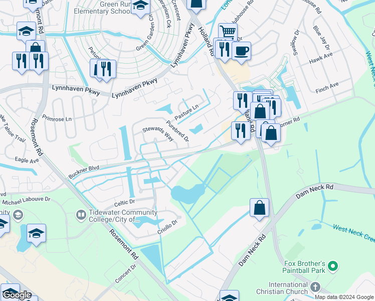 map of restaurants, bars, coffee shops, grocery stores, and more near 3533 Purebred Drive in Virginia Beach