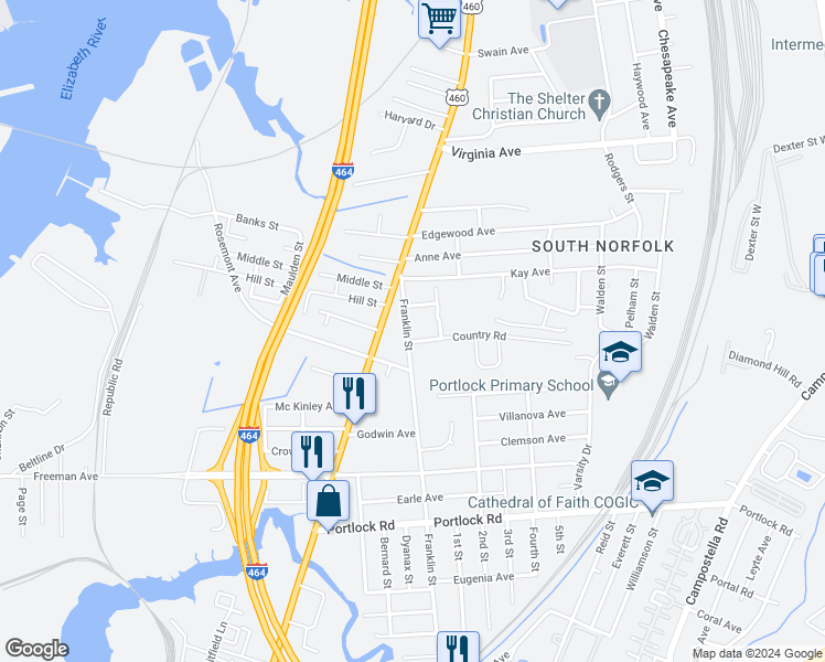 map of restaurants, bars, coffee shops, grocery stores, and more near 3306 Franklin Street in Chesapeake